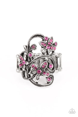 Bouquet Toss - Pink Rhinestone Floral Ring Paparazzi Accessories