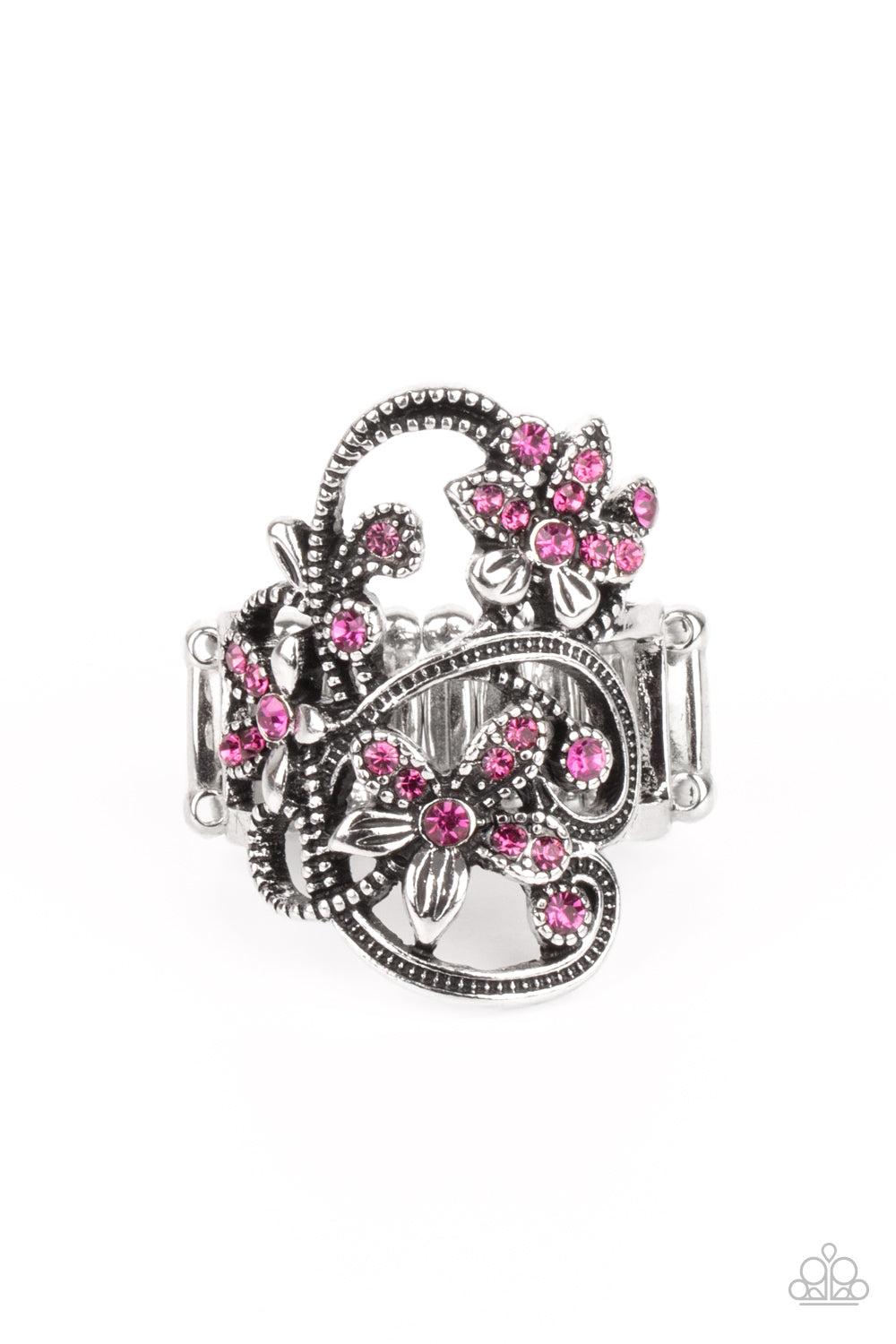 Bouquet Toss - Pink Rhinestone Floral Ring Paparazzi Accessories