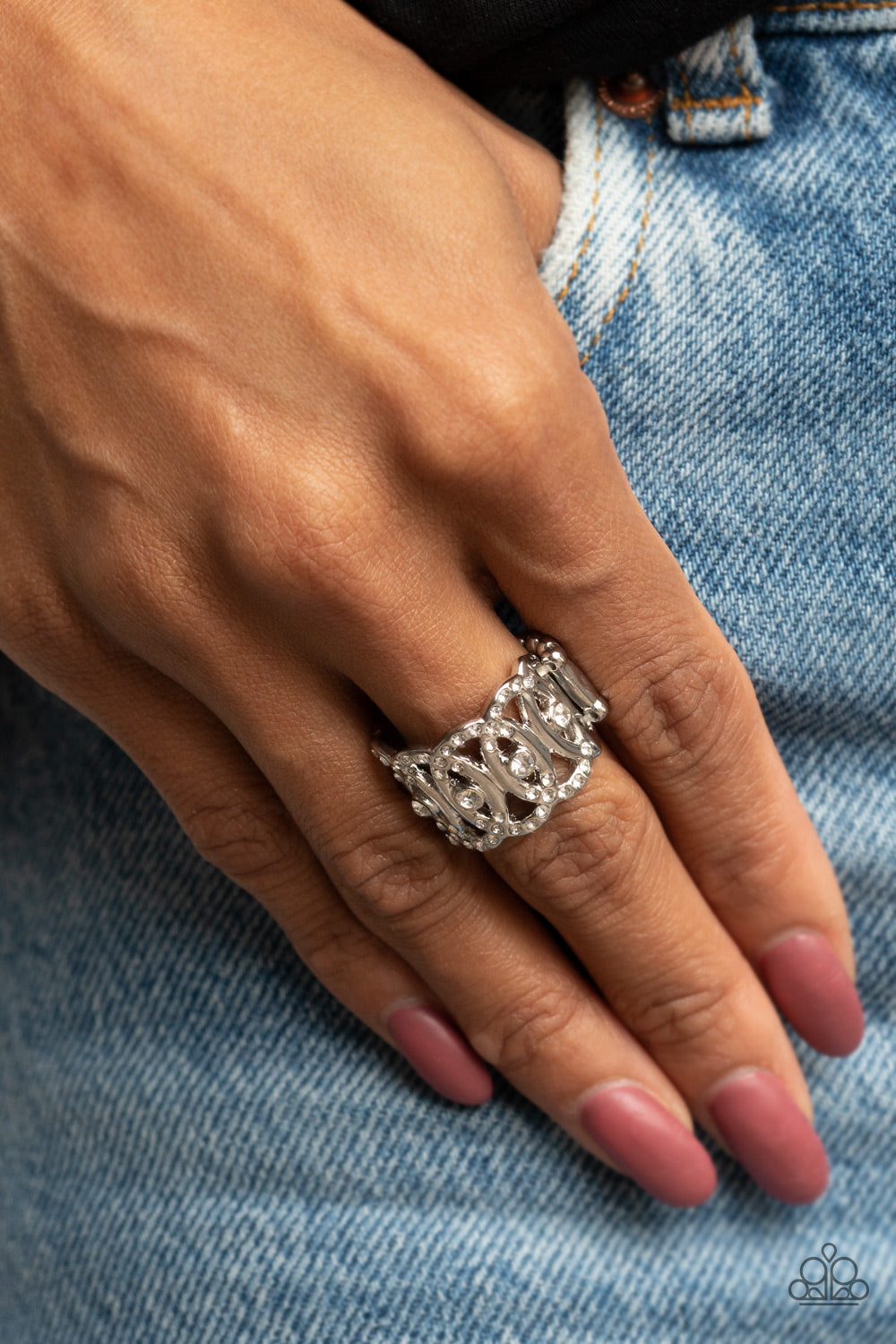 OVAL-Ruled - White Rhinestone Ring Paparazzi Accessories