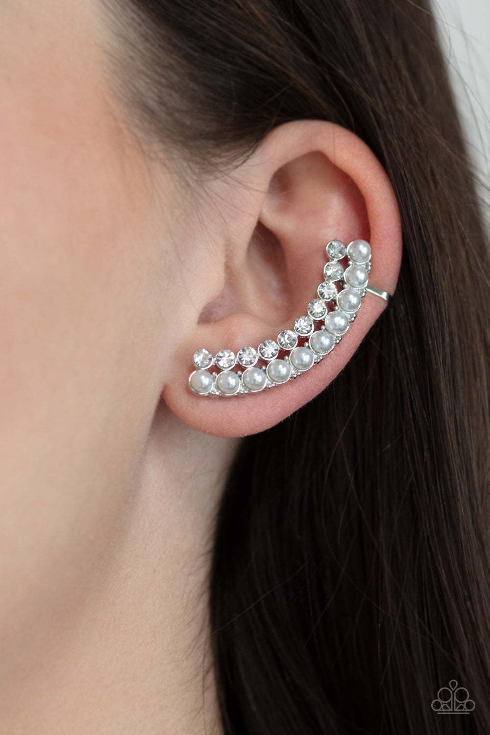 Doubled Down On Dazzle - White Pearl Ear Crawler Earrings Paparazzi Accessories