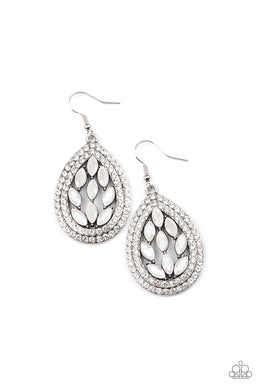 Encased Elegance - White Cat's Eye Rhinestone Earrings Paparazzi Accessories