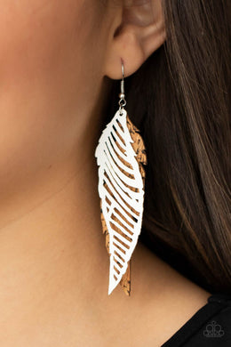 WINGING Off The Hook - White Cork Feather Earrings Paparazzi Accessories