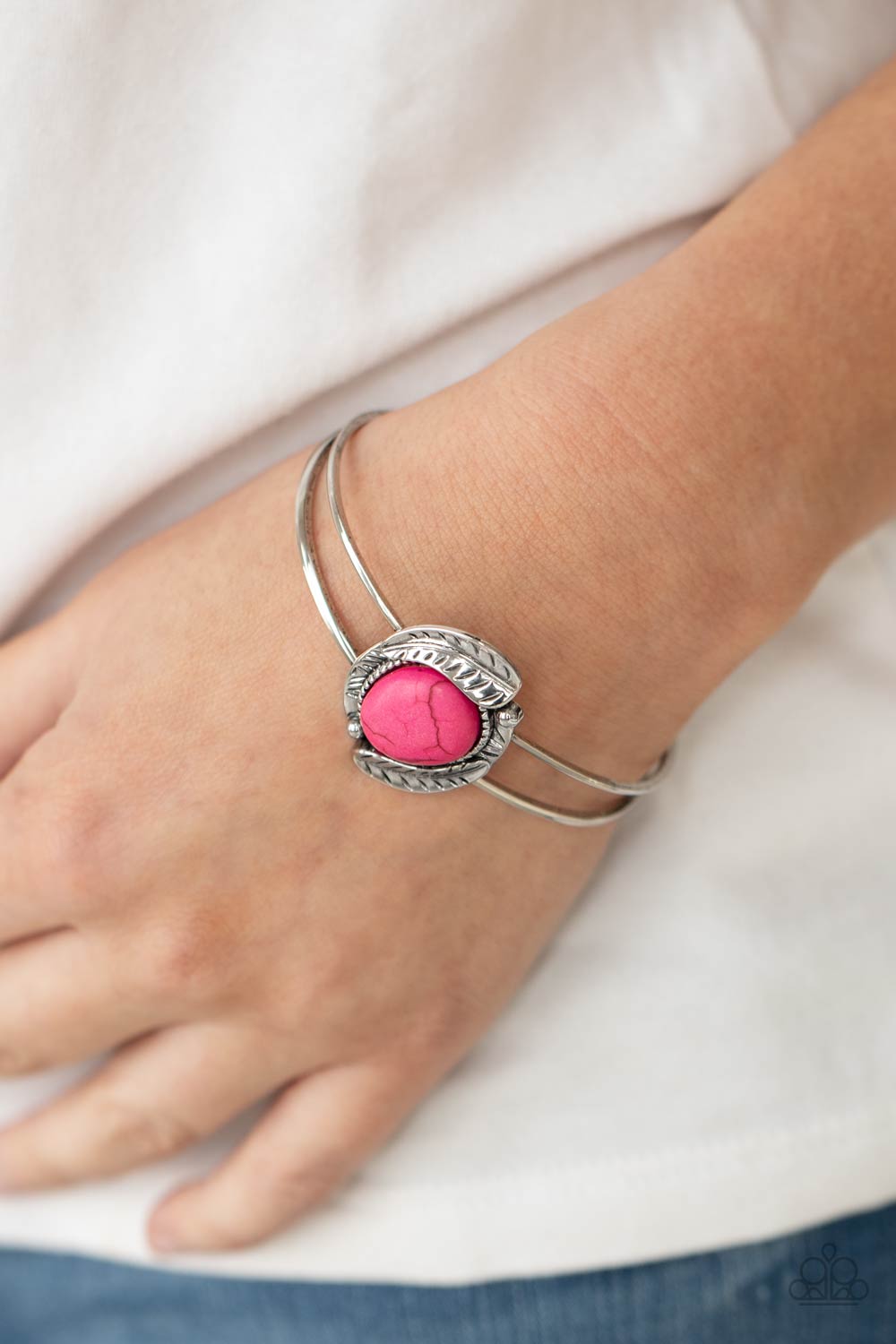 Living Off The BANDLANDS - Pink Stone Feather Cuff Bracelet Paparazzi Accessories