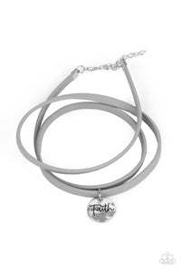 faith,inspirational,leather,lobster claw clasp,silver,Wonderfully Worded - Silver Leather Wrap Bracelet