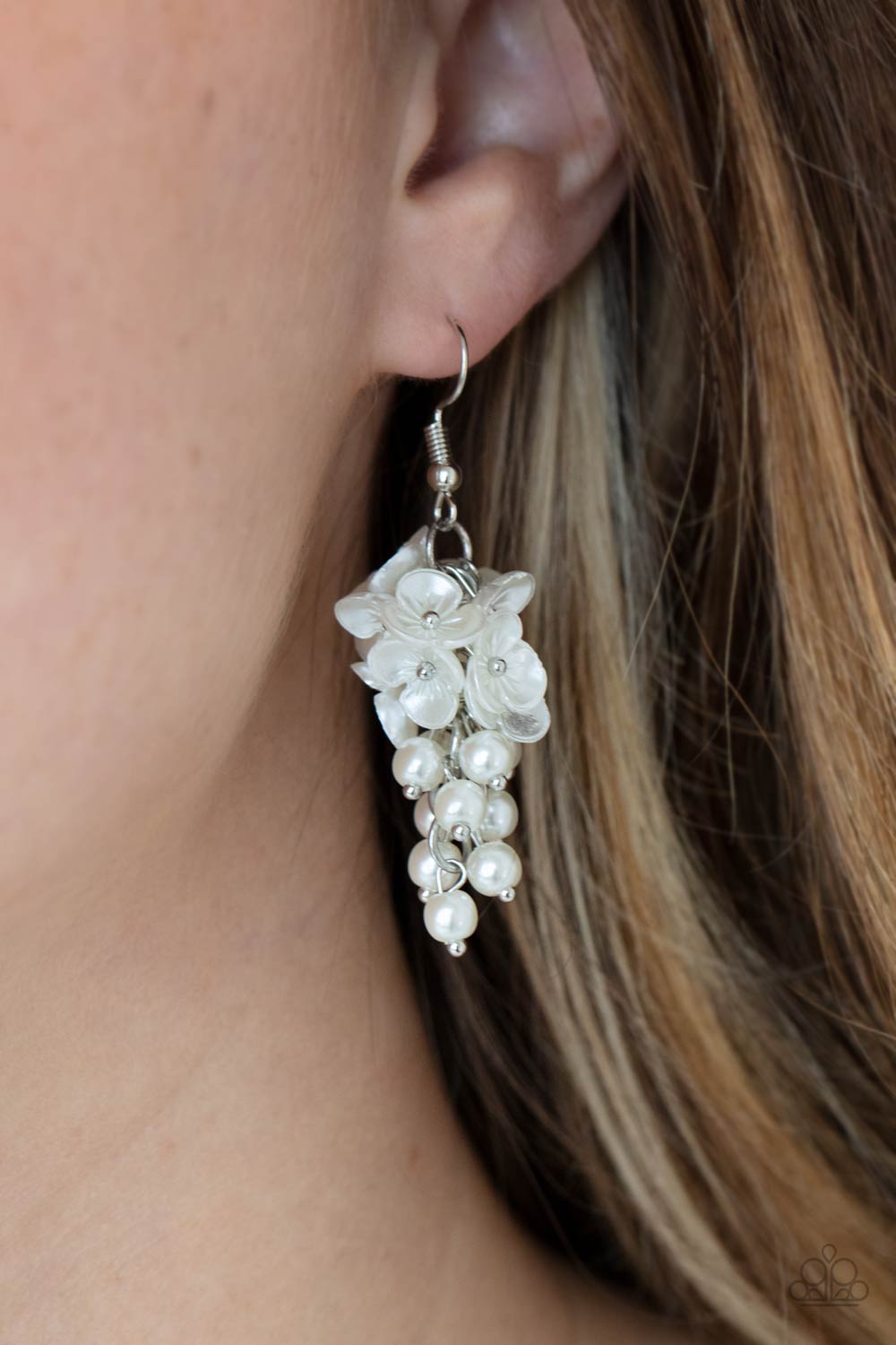 Bountiful Bouquets - White Pearl Floral Earrings Paparazzi Accessories