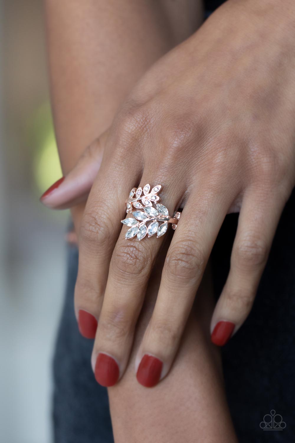 Glowing Gardenista - Rose Gold Rhinestone Ring Paparazzi Accessories