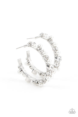 Let there be SOCIALITE White Pearl and Rhinestone Hoop Earrings Paparazzi Accessories
