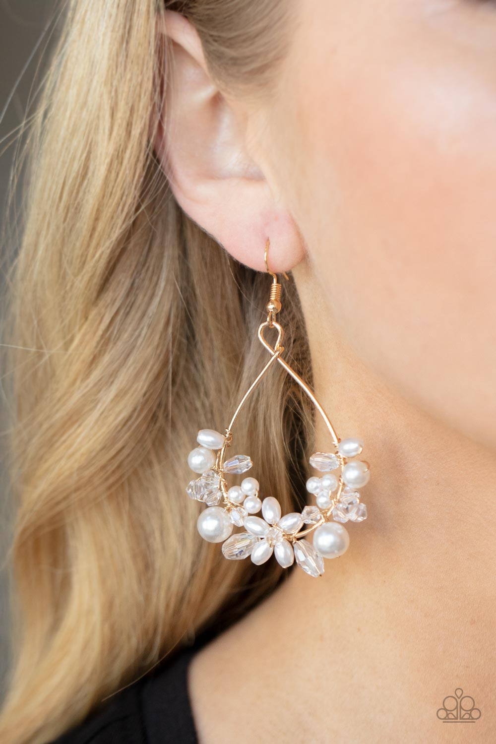Marina Banquet - Gold Floral Pearl Earrings Paparazzi Accessories