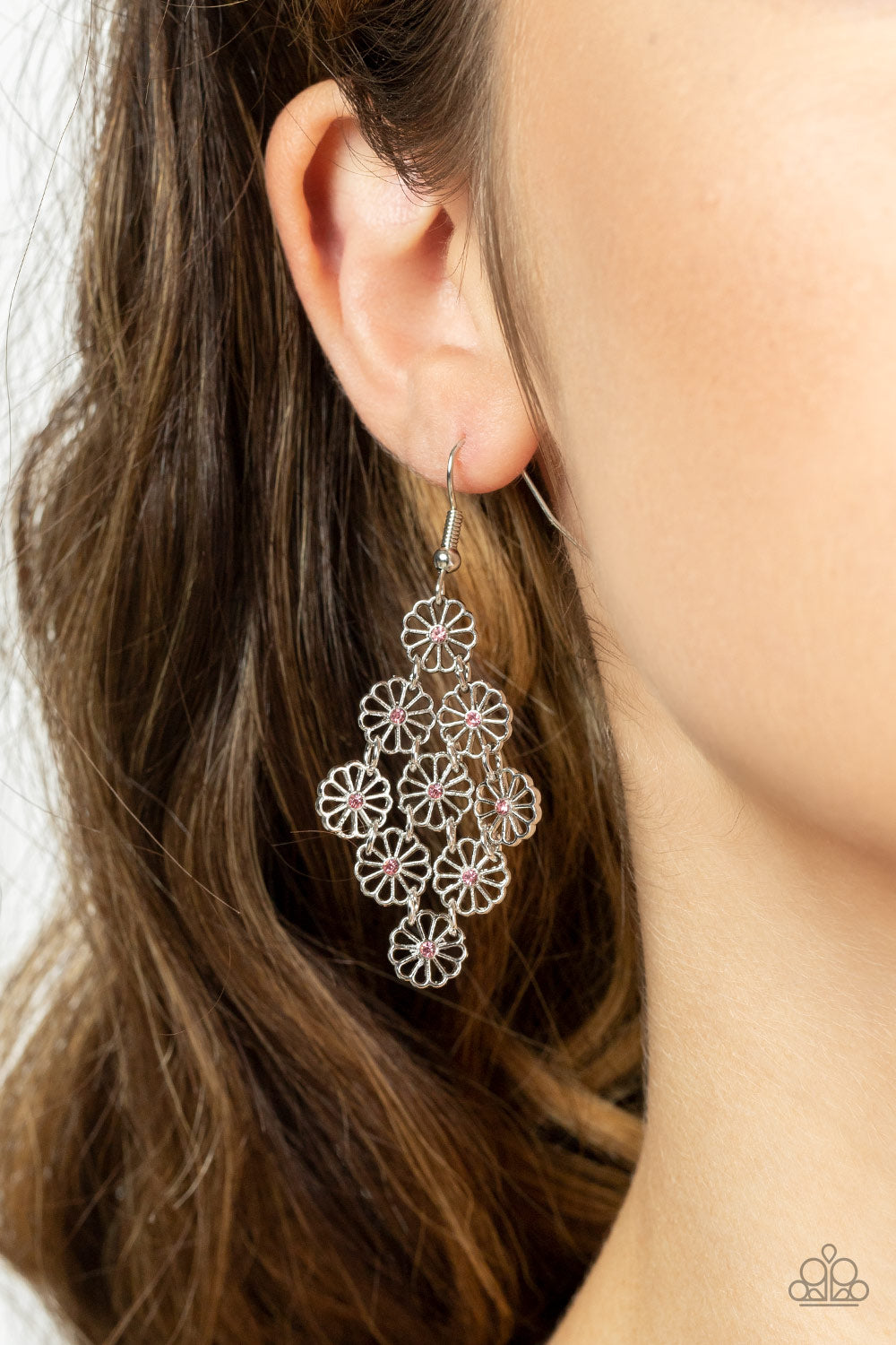 Bustling Blooms - Pink Rhinestone Floral Earrings Paparazzi Accessories
