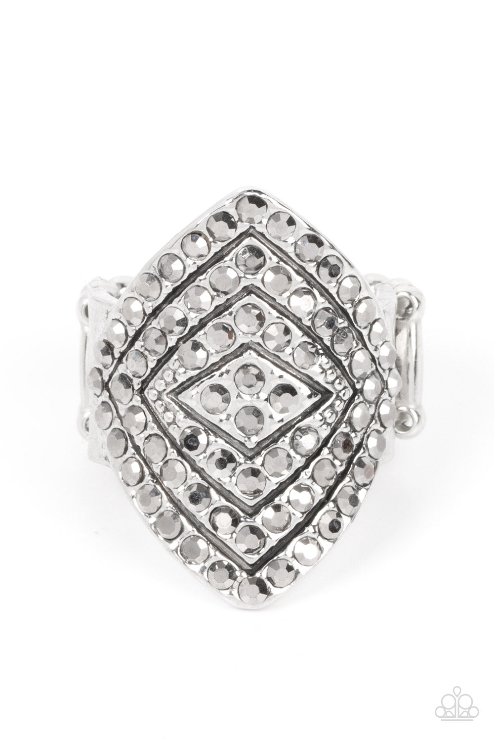 Plead GLITZY - Silver Hematite Rhinestone Ring Paparazzi Accessories