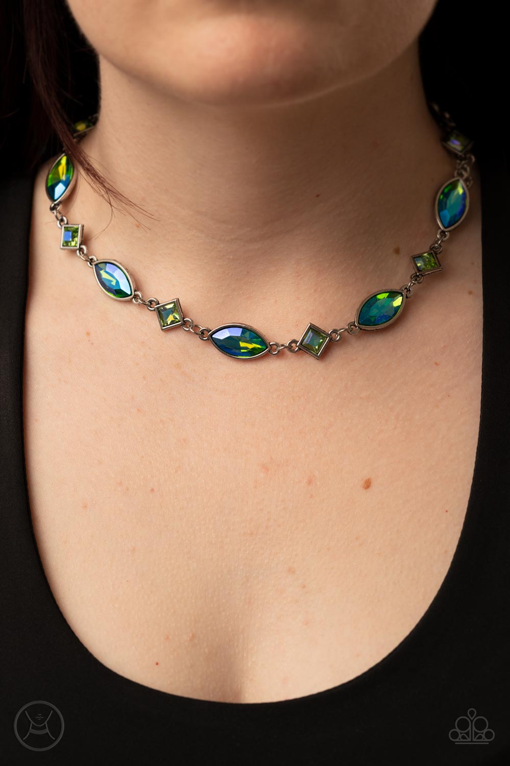 Prismatic Reinforcements - Green Oil Spill Rhinestone Choker Necklace Paparazzi Accessories