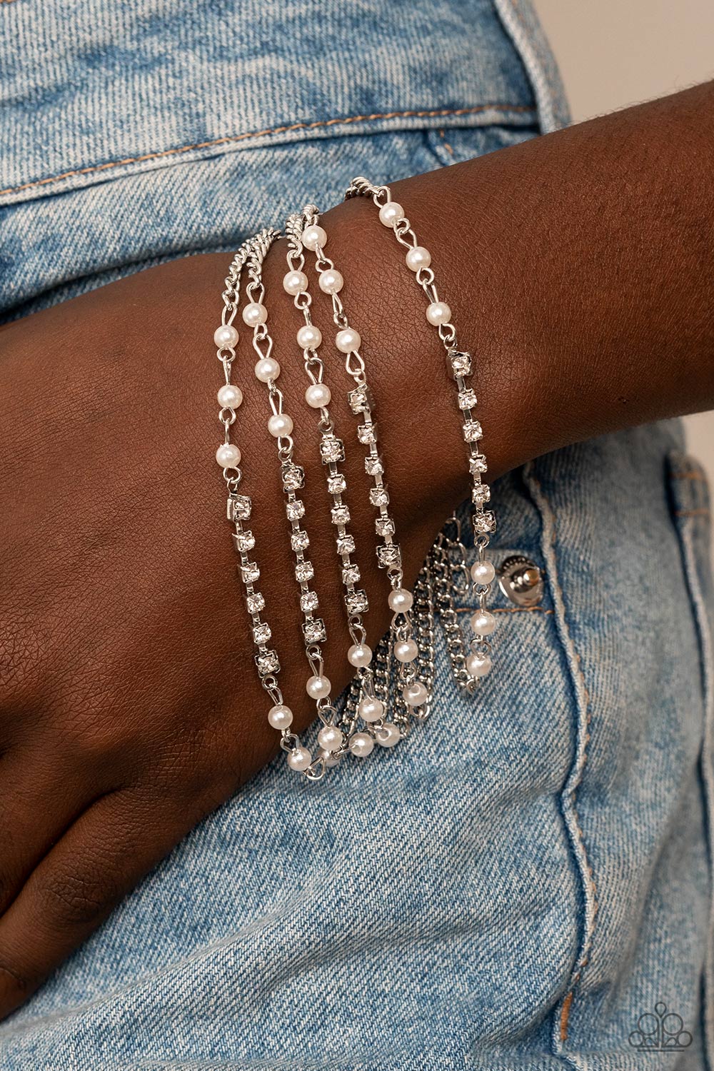 Experienced in Elegance - White Pearl Rhinestone Bracelet Paparazzi Accessories