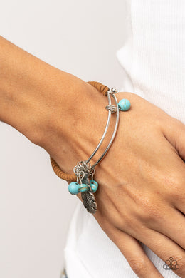 Running a-FOWL - Blue Stone Feather Hinge Bracelet Paparazzi Accessories