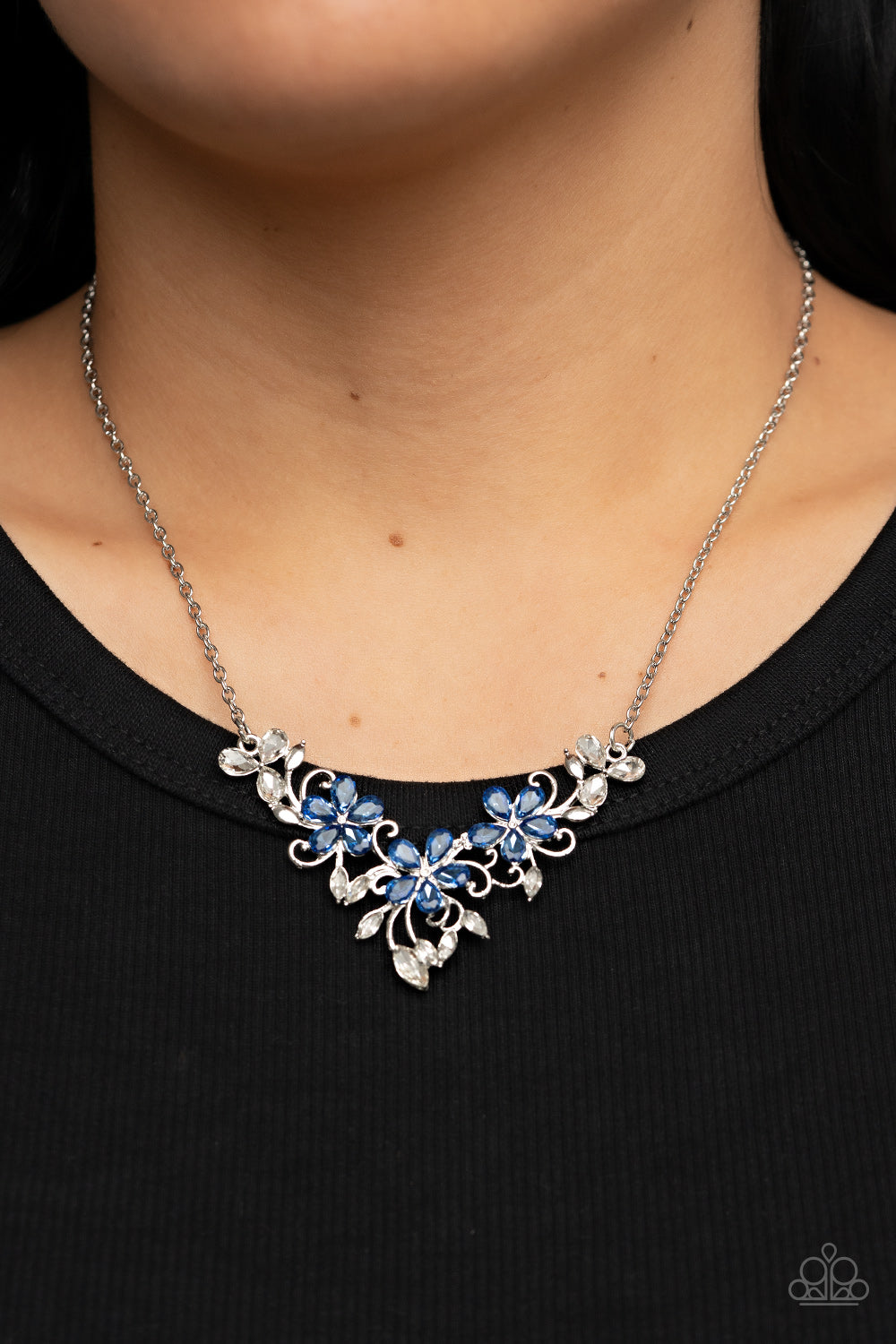 Floral Fashion Show - Blue Rhinestone Floral Necklace Paparazzi Accessories