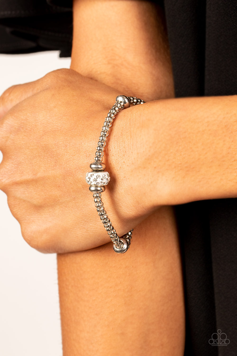 Downtown Decoupage - White Rhinestone Bracelet Paparazzi Accessories