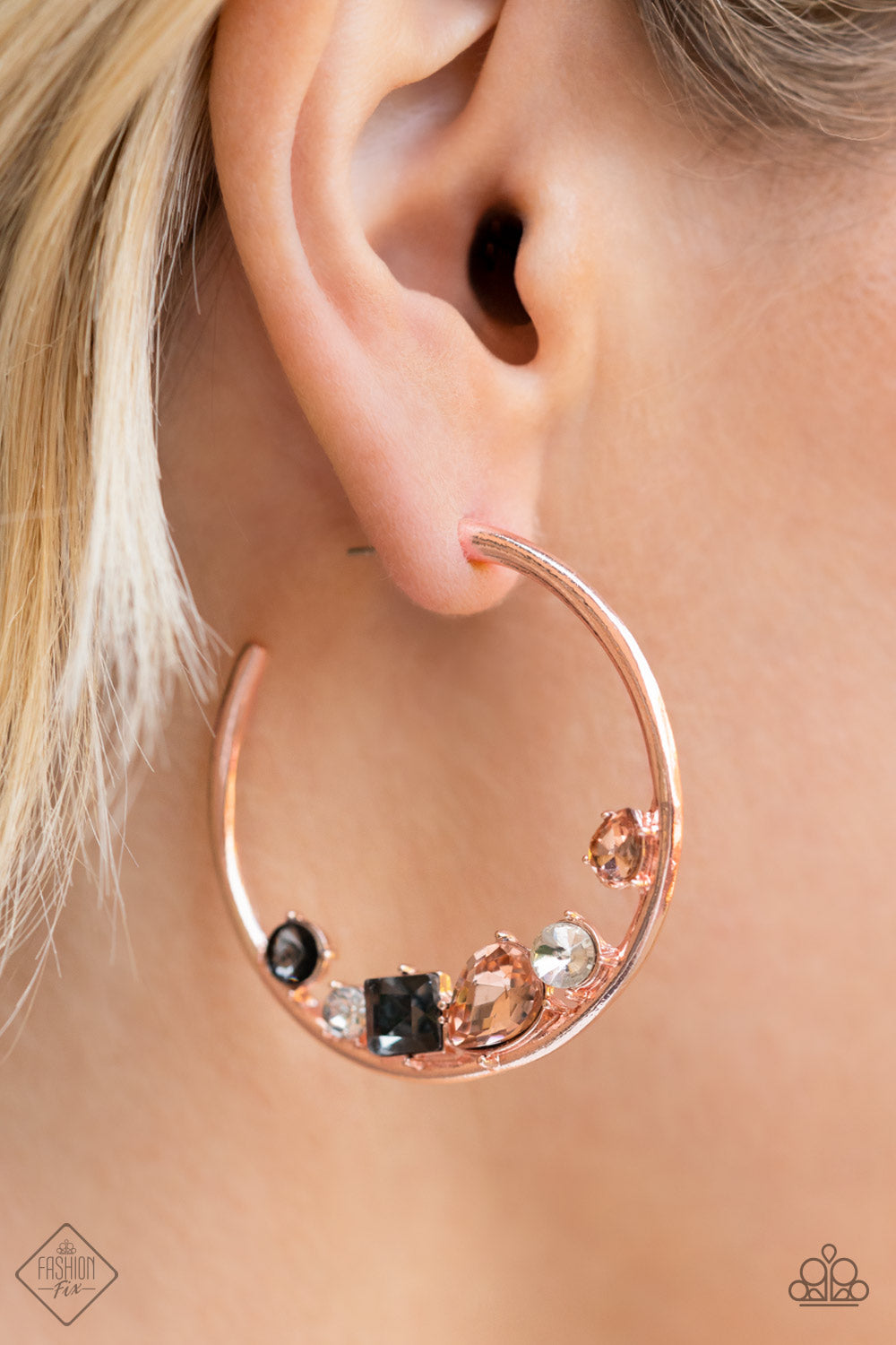 Attractive Allure Rose Gold Rhinestone Hoop Earrings Paparazzi Accessories