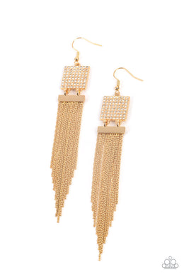 Dramatically Deco Gold Rhinestone Earrings Paparazzi Accessories