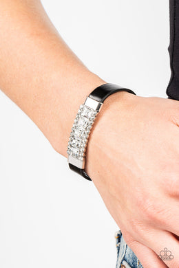 Rebel Reputation - Black Leather Rhinestone Snap Bracelet Paparazzi Accessories