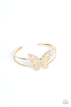Load image into Gallery viewer, Butterfly Bella - Gold Rhinestone Butterfly Cuff Bracelet Paparazzi Accessories