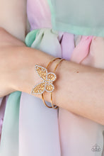 Load image into Gallery viewer, Butterfly Bella - Gold Rhinestone Butterfly Cuff Bracelet Paparazzi Accessories