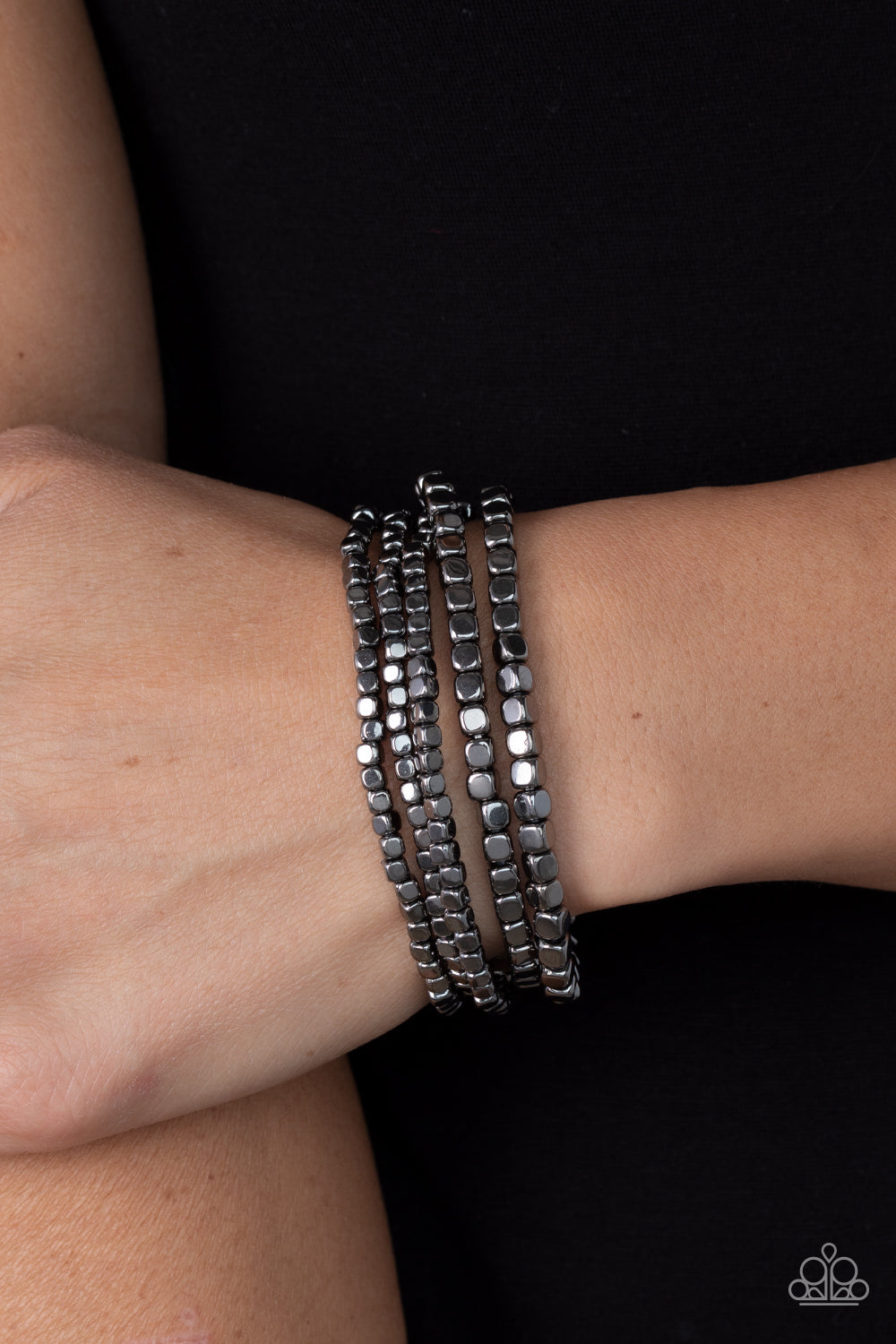 Right on CUBE - Black Gunmetal Stretchy Bracelet Paparazzi Accessories