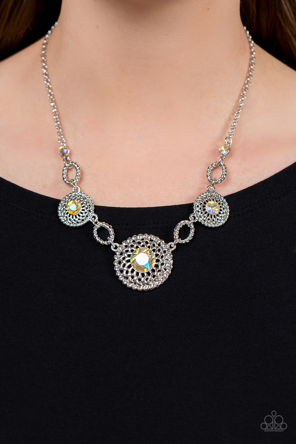 Cosmic Cosmos - Yellow Iridescent Rhinestone Necklace Paparazzi Accessories