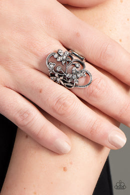 Flirtatiously Flowering - White Floral Rhinestone Ring Paparazzi Accessories