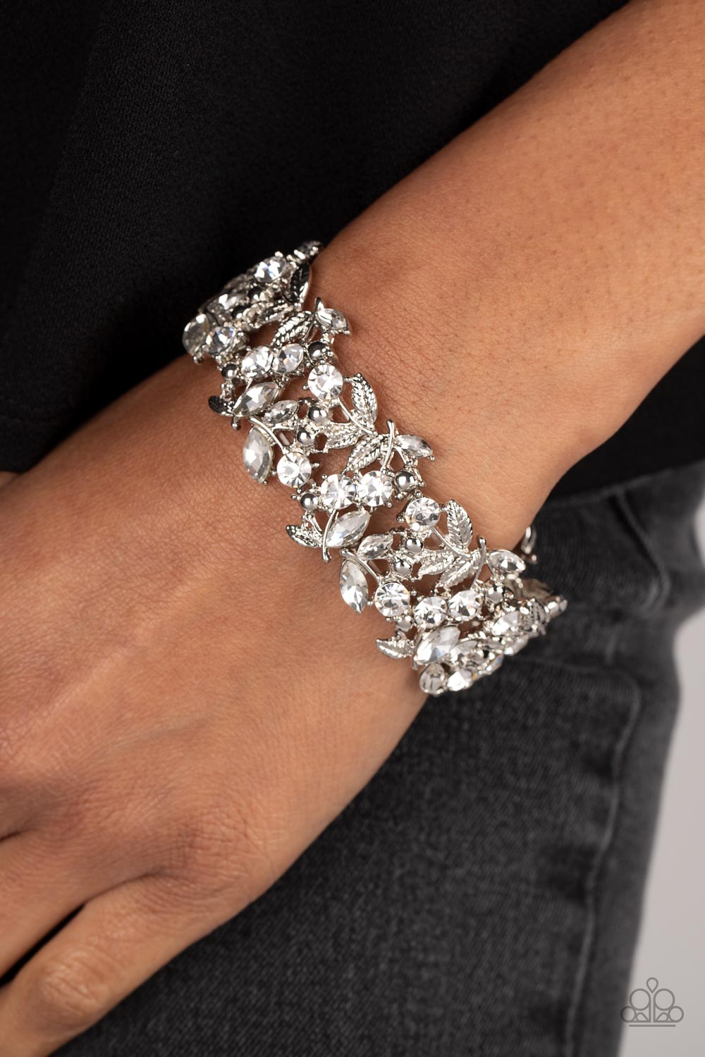 Feathered Finesse -White Rhinestone Stretchy Bracelet Paparazzi Accessories