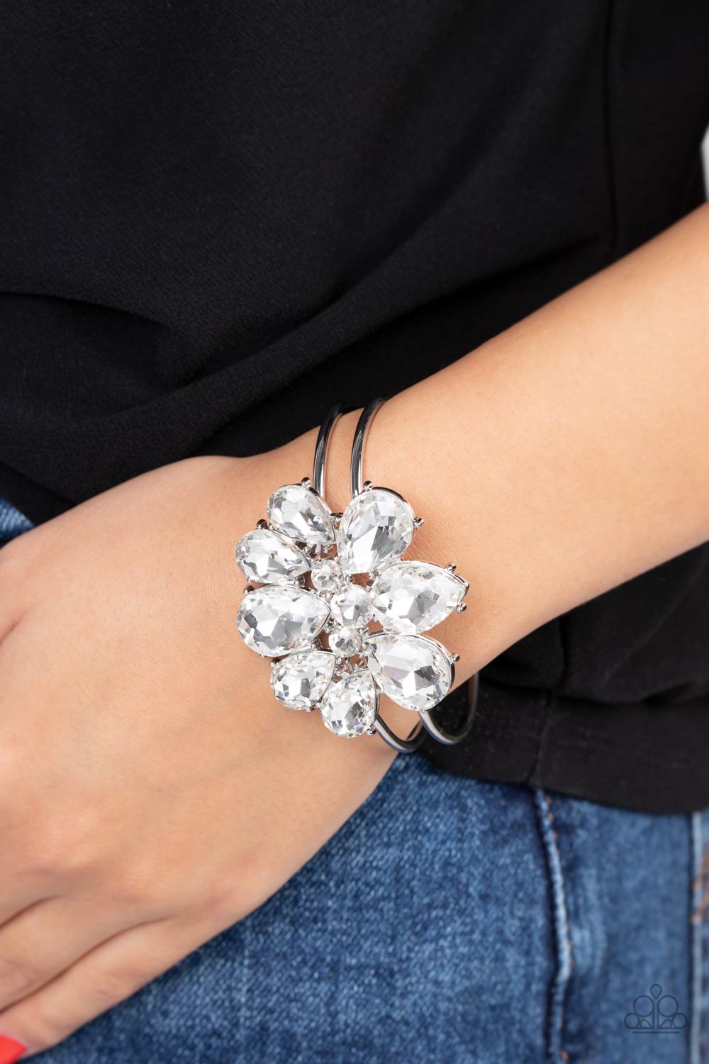 DAUNTLESS is More - White Rhinestone Hinge Bracelet Paparazzi Accessories