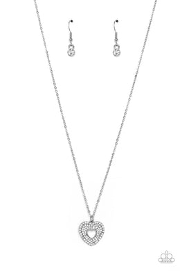 Romantic Retreat - White Rhinestone Heart Necklace Paparazzi Accessories