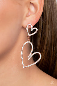 copper,heart,hearts,post,rhinestones,Doting Duo - Copper Heart Rhinestone Earrings