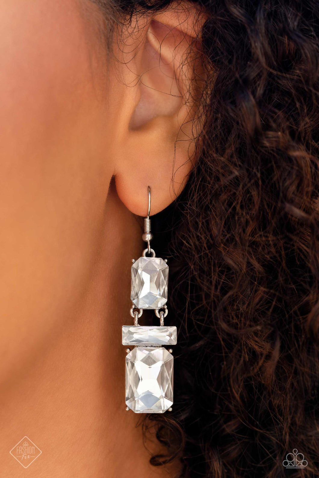 Chain Check White  Rhinestone Earrings Paparazzi Accessories