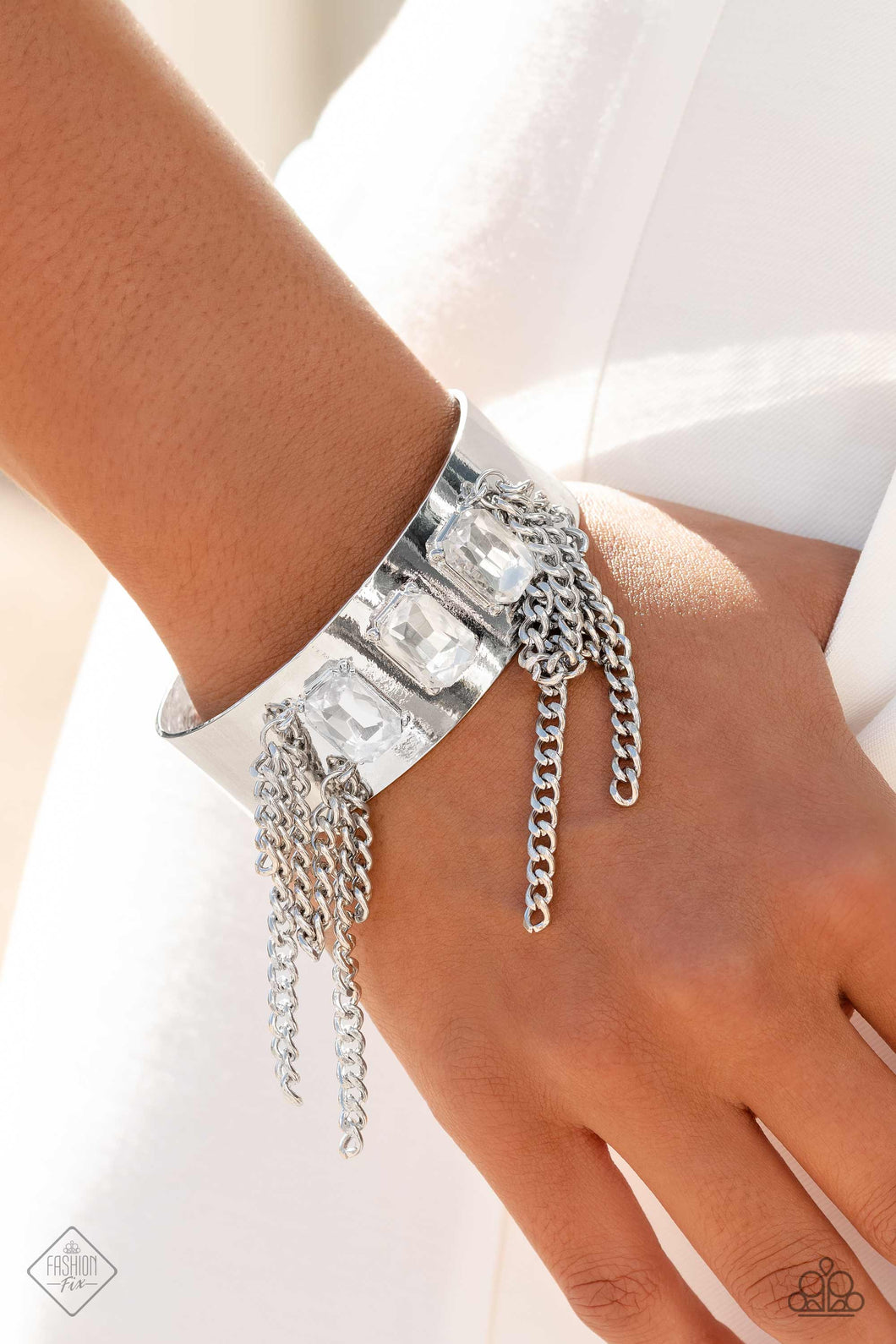 Chain Showers White Rhinestone Cuff Bracelet Paparazzi Accessories