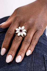 floral,pink,white,wide back,PETAL to the MEADOW - Pink Rhinestone Floral Ring