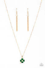 Load image into Gallery viewer, Kiss Me, I&#39;m Irish Gold Rhinestone Clover Necklace Paparazzi Accessories